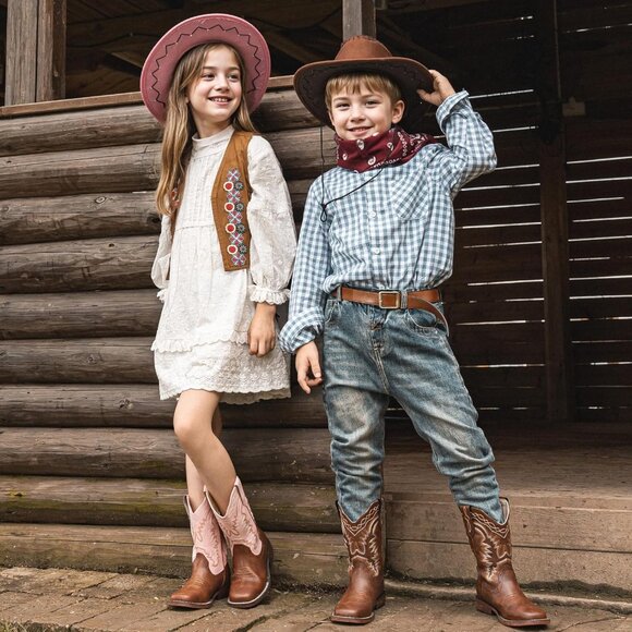 ⚡Kid Pink/Brown Synthetic Cowboy Western Riding Shoes Square Toe Wide Calf Boot - Picture 7 of 7
